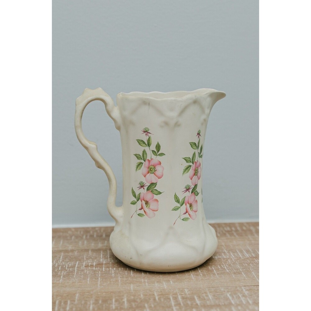 Vintage White Porcelain Floral Pitcher Vase Sculpted Handle
